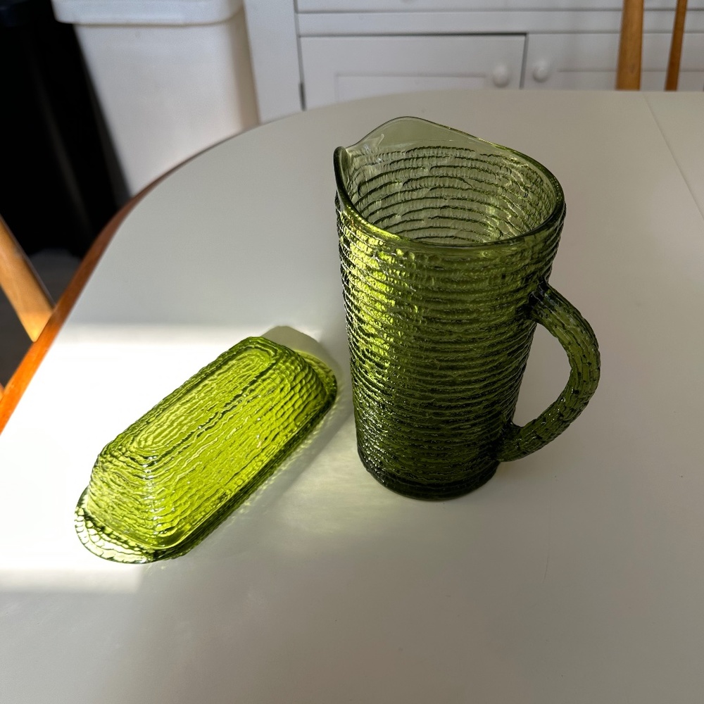 Vintage Avocado Green Glass Pitcher and Covered Butter Dish